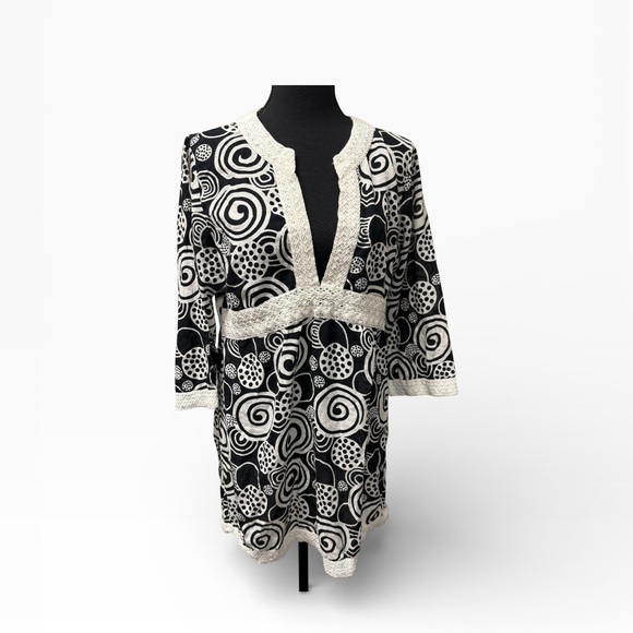 Peppermint Bay Tops - Peppermint Bay Boho Tunic Top Black White Cotton Crochet Trim Beach Large